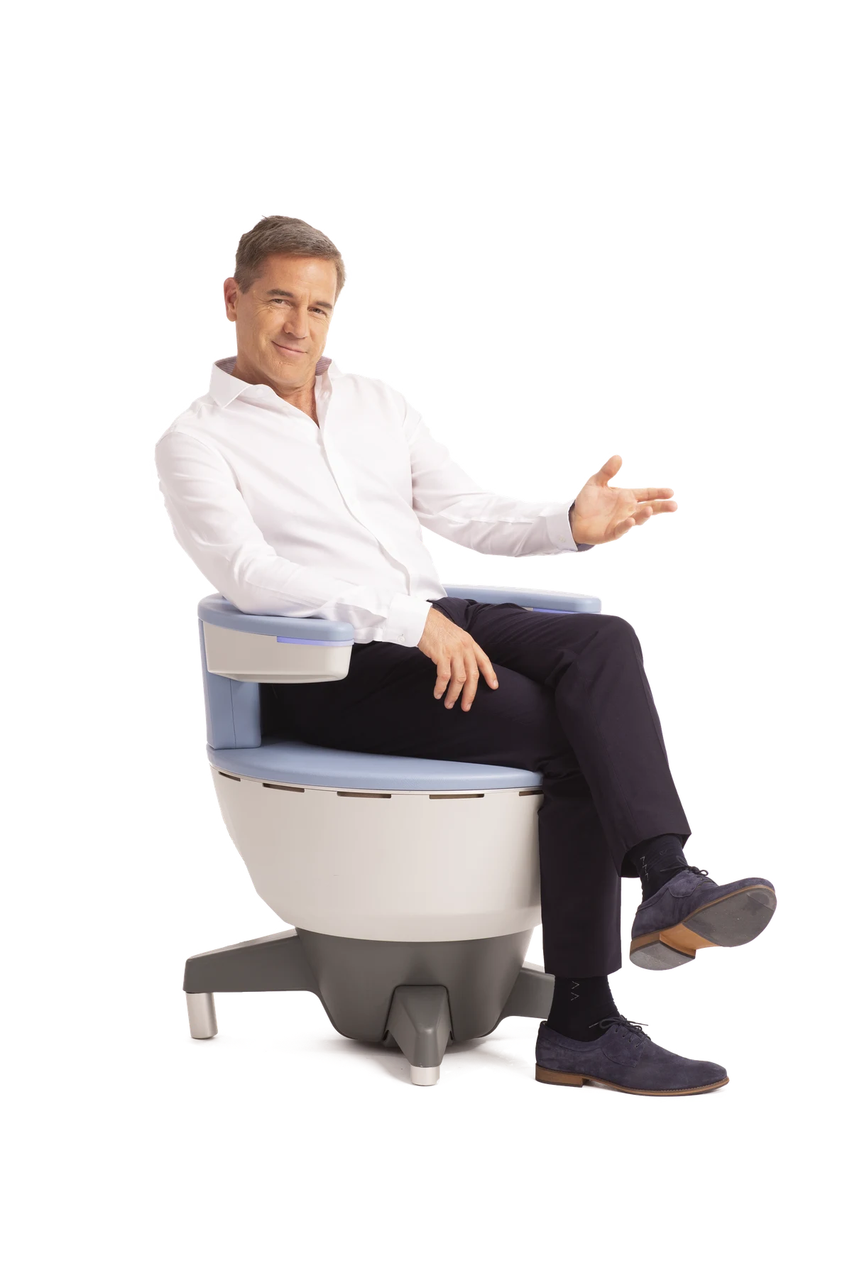 Fully clothed man seated for EMSELLA® treatment